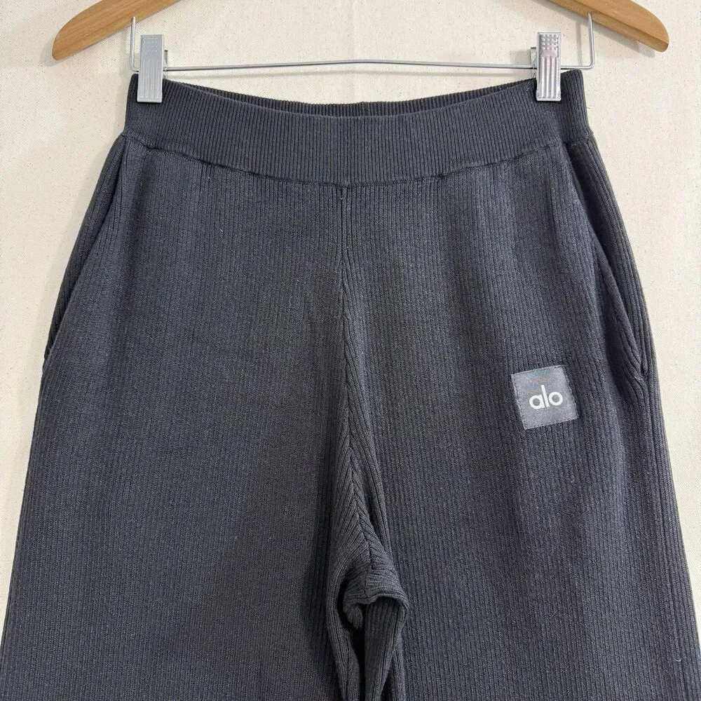 Alo Pants Womens XXSmall Black Ribbed Knit Wide Leg Sweatpants Yoga Casual